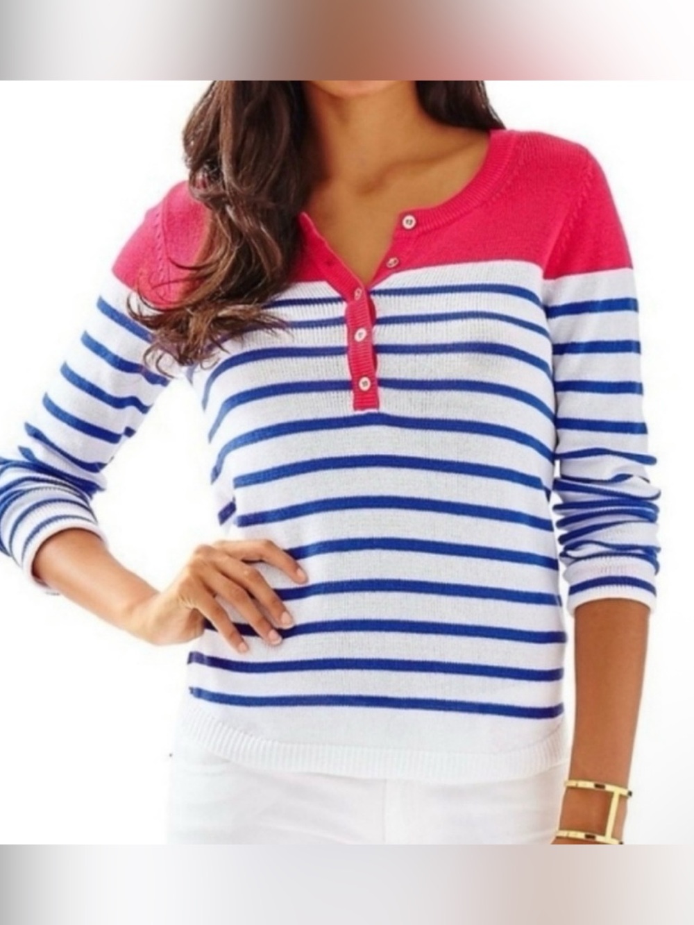 Lilly Pulitzer Adair Sweater L Pink Blue White Striped Henley Coastal Preppy